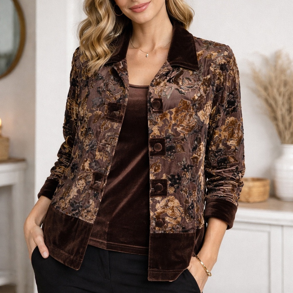 Coldwater Creek Burnout Velvet Floral Jacket & Tank Set Brown Gold Size L